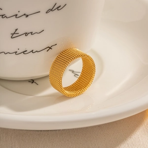 Minimalist 18K gold plated stainless steel ring with elegant mesh texture design