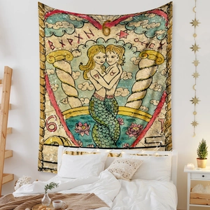 Detail of bohemian tarot tapestry featuring lovers mermaid art on soft fabric wall hanging