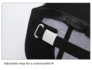 Detail of adjustable metal buckle on back of black baseball cap for custom fit