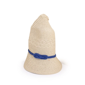 Detail of hand-woven pointed straw hat featuring a contrasting dark blue cotton rope knot