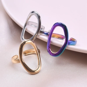Adjustable minimalist stainless steel rings in gold, silver, and iridescent finishes