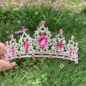 Detail of silver bridal crown with pink rhinestones held against a floral garden
