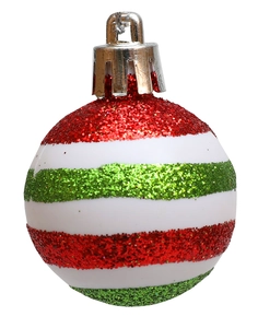 Close-up of white Christmas ball with red and green glitter stripes and silver metal cap