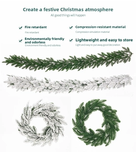 Detail of fire-resistant Christmas garland and wreath set with artificial snow frosting