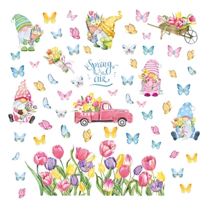 Spring gnomes and floral watercolor wall stickers set with pink truck and tulips