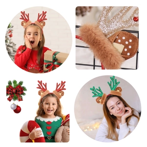 Detail of sequined reindeer antlers headband with plush fur and festive polka dot ears