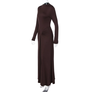 Detailed view of dark brown slim fit dress with waist rushing and high neckline