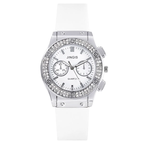 Men's fashion quartz watch with silver rhinestone bezel and white silicone strap