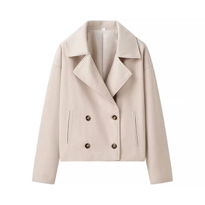 Women's minimalist double-breasted short wool coat in light beige with lapel collar