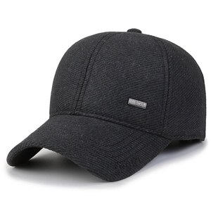 Men's winter wool baseball cap with warm ear flaps and sport metal badge detail