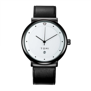Minimalist TOMI watch with black metal case, white dial, date display, and black leather strap