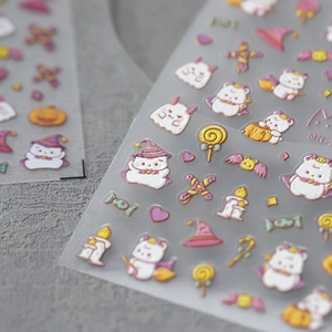 3D embossed Halloween cat and pumpkin nail art stickers with matte relief finish