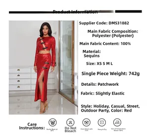 Detail view of red sequin two-piece set featuring cut-out crop top and high slit skirt