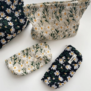 Daisy Embroidered Canvas Makeup Bag Zipper Cosmetic Storage Pouch Literary Floral Stationery Pencil Case For Women
