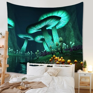 Detail of glow-in-the-dark mushroom forest tapestry hanging on a bedroom wall