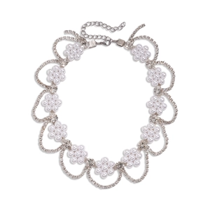 Collier ras du cou floral en perles avec strass scintillants et chaîne en argent ajustable