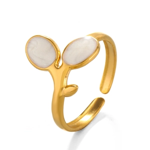 18K gold plated stainless steel leaf ring with white enamel accents and open band design