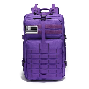 Purple waterproof tactical backpack with MOLLE system and US flag patch for hiking
