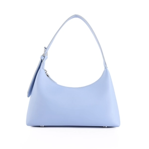 Minimalist sky blue leather half-moon shoulder bag with a sleek french aesthetic