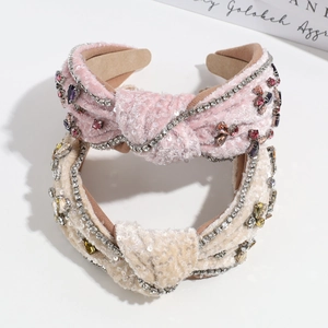 Baroque knotted headbands with rhinestones and beads in pink and beige fabric