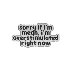 Enamel metal pin badge with black text sorry if i'm mean on a silver base and white background
