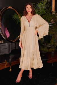 Detailed view of elegant V-neck pleated beige dress showing high waist and fine fabric texture