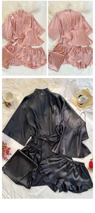 Detail view of 4-piece satin pajama set showing robe, camisole, shorts and pants