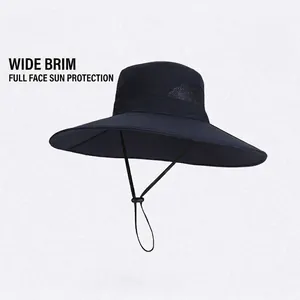 Unisex wide brim navy blue sun hat with breathable mesh and adjustable chin strap