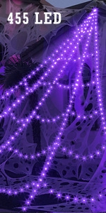 Detail of 455 LED purple lights on a large spider web for Halloween outdoor decoration