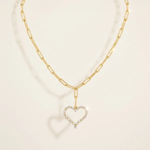 Elegant 18K gold plated heart pendant necklace with moissanite on paperclip chain link