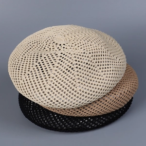 Women Hollow Out Knit Beret Hat Breathable Polyester Japanese Painter Style Foldable Sun Hat For Spring Summer