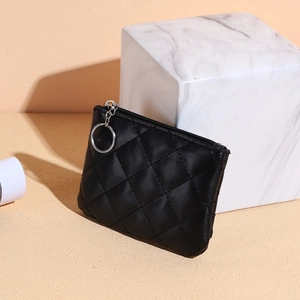 Detail of black quilted mini coin purse with silver zipper and keychain attachment