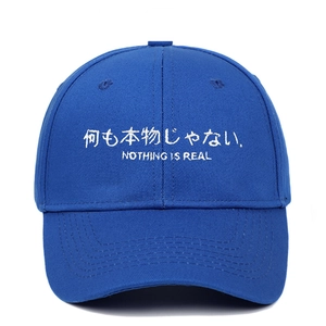 Detail der weißen Stickerei auf einer dunkelblauen Baumwoll-Basecap mit japanischem Textdesign