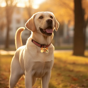 Médaille pour chien en forme d'os doré gravé porté par un chien Labrador