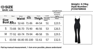 Detailed size chart with bust waist and hip measurements for lace trim backless jumpsuit