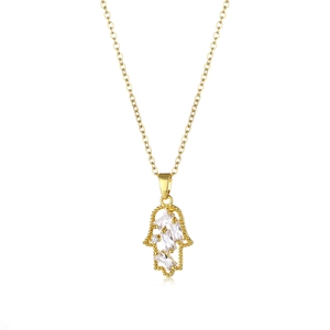 Goldene Halskette mit Hamsa-Hand-Anhänger, rechteckigen Zirkonia und Perlenrand