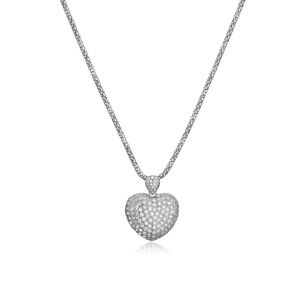 Sparkling pave-set heart pendant necklace with shimmering zircon and silver mesh chain