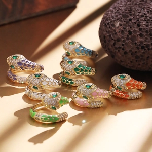 Snake Shape Ring Copper Gold Plated With Colorful Enamel Zircon Adjustable Open Design Fashion Niche Style Women
