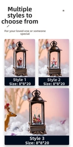 Detailed views of three Christmas lanterns with Santa and Snowman motifs and 8x8x20cm size