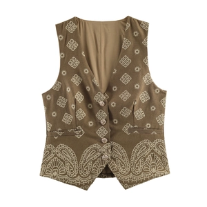 Gilet Brodé Ethnique Pour Femmes Col En V Sans Manches Boutonné Gilet Court Vintage Boho Motif Paisley Kaki