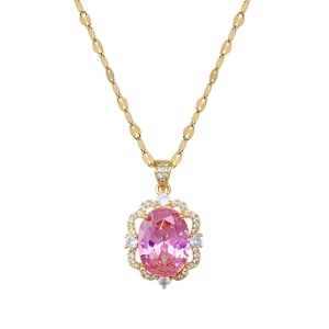 Titanium steel necklace with oval pink gemstone pendant and sparkling zircon frame