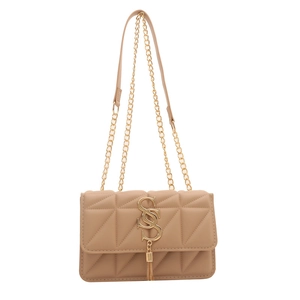 Quilted beige crossbody chain bag with gold logo hardware and elegant leather tassels