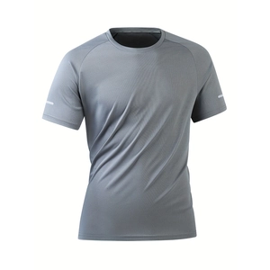Close-up of grey quick-dry mesh fabric with white reflective stripe on short sleeve