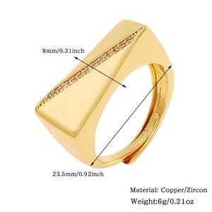 Detail view of gold adjustable copper ring with zircon inlay and product measurements