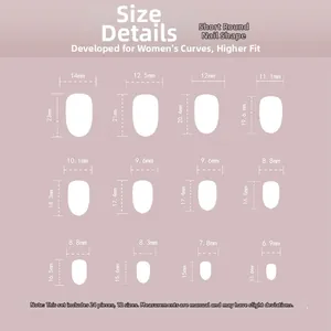Guide des tailles détaillé pour 24 faux ongles courts et ronds en 12 dimensions