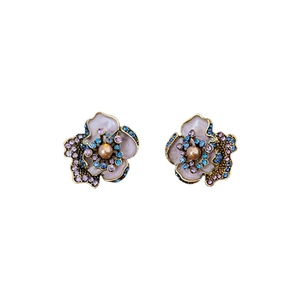 Vintage floral stud earrings with pink enamel, rhinestones and pearl on bronze base