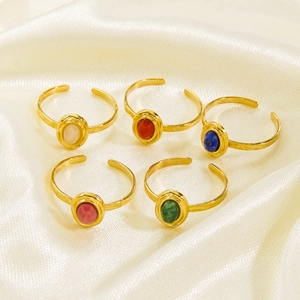 French Luxury Stainless Steel Adjustable Open Ring For Women Vintage Bohemian Natural Stone Inlaid Oval Gemstone Jewelry