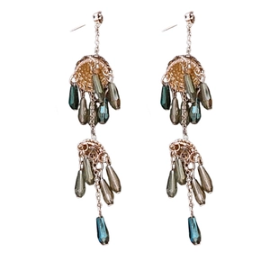 Zircon flower pearl tassel earrings with green and grey teardrop beads on a white background