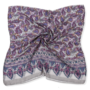 Detailed view of bohemian paisley print scarf with purple floral patterns on soft voile fabric