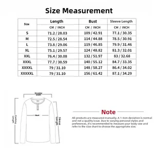 Detailed size measurement chart for men's corduroy sweatshirt from size S to 5XL